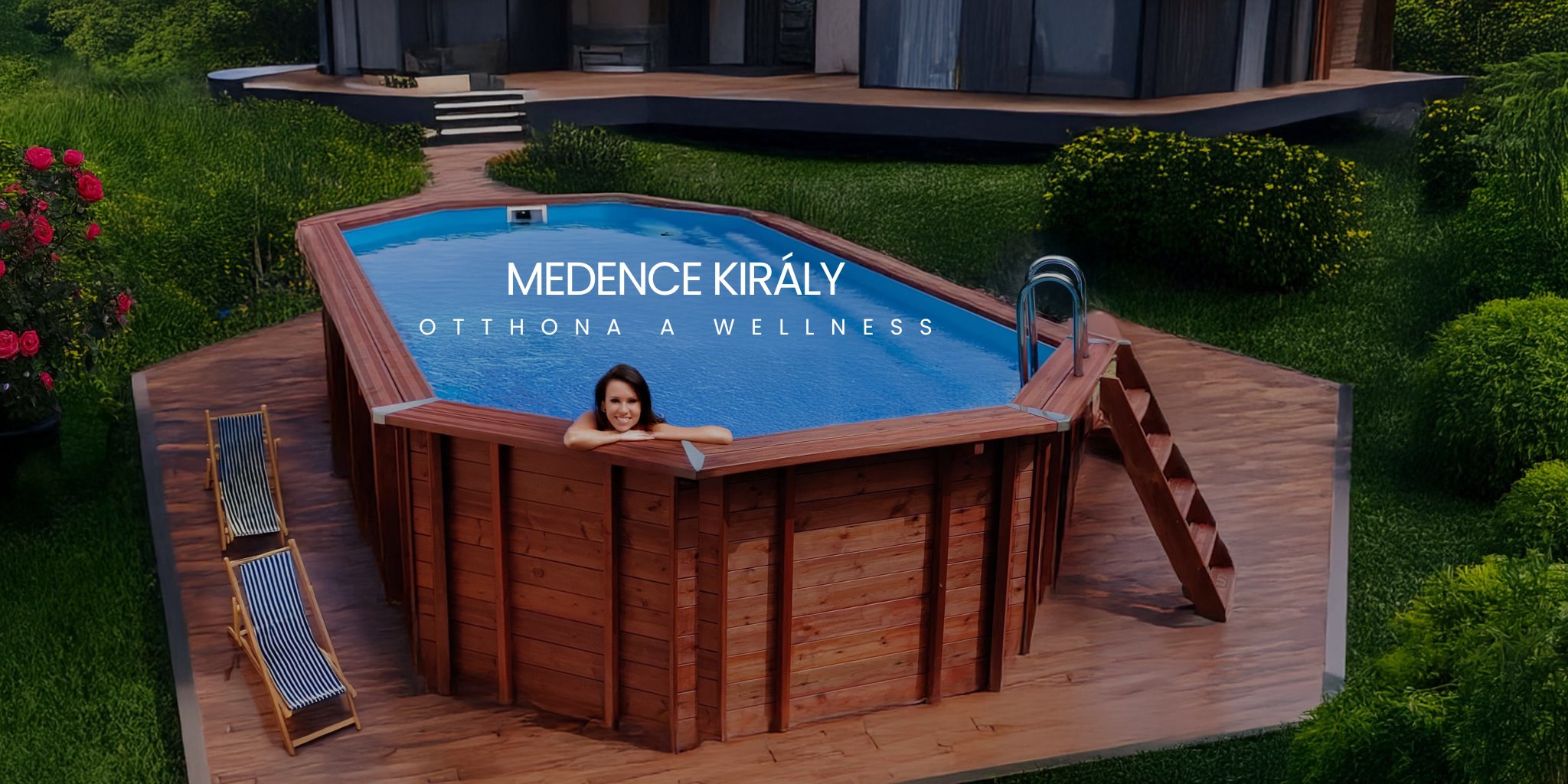 Favázas medence kerti környezetben a Medence Király főoldali bannerén