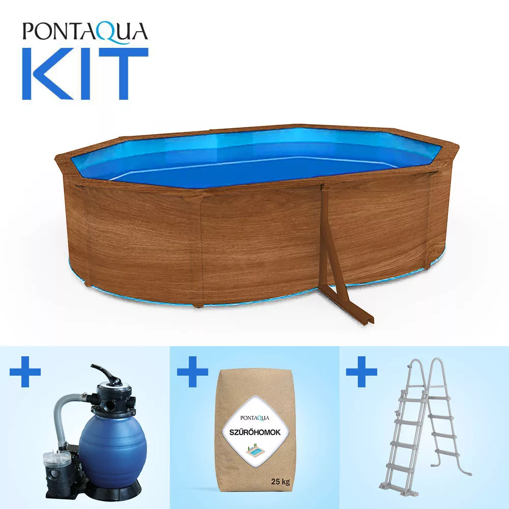 Pontaqua Family Pool KIT WOOD ovális fémfalas családi medence szett 490 x 360 x 120 cm